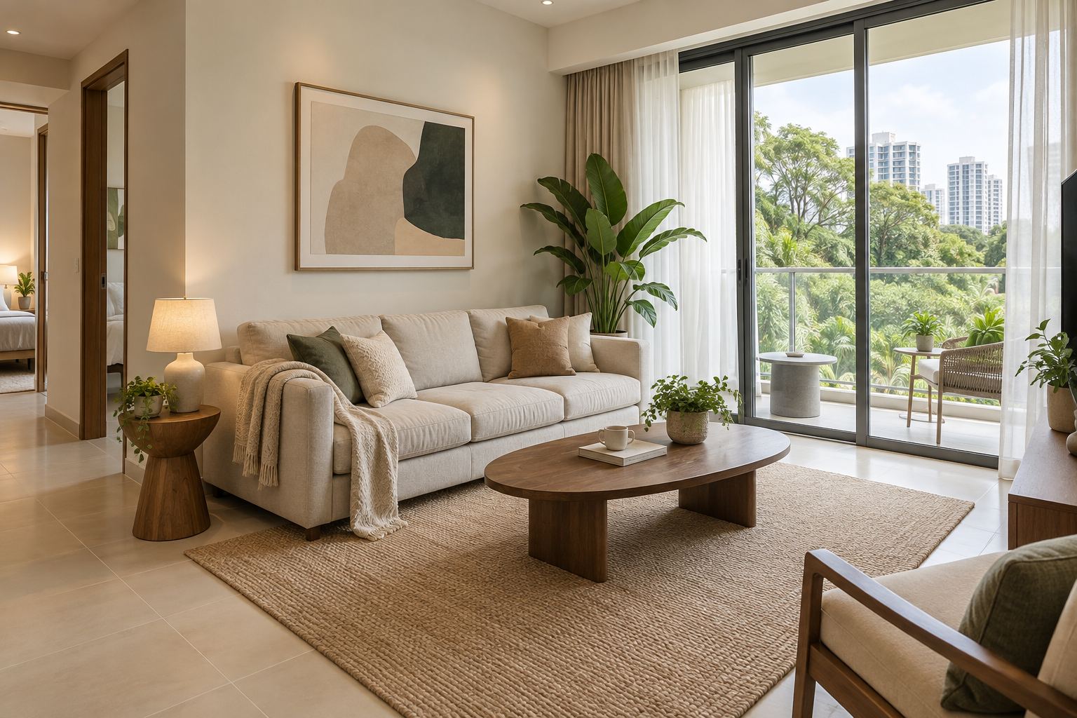 Styled room example with warm wood and a linen sofa